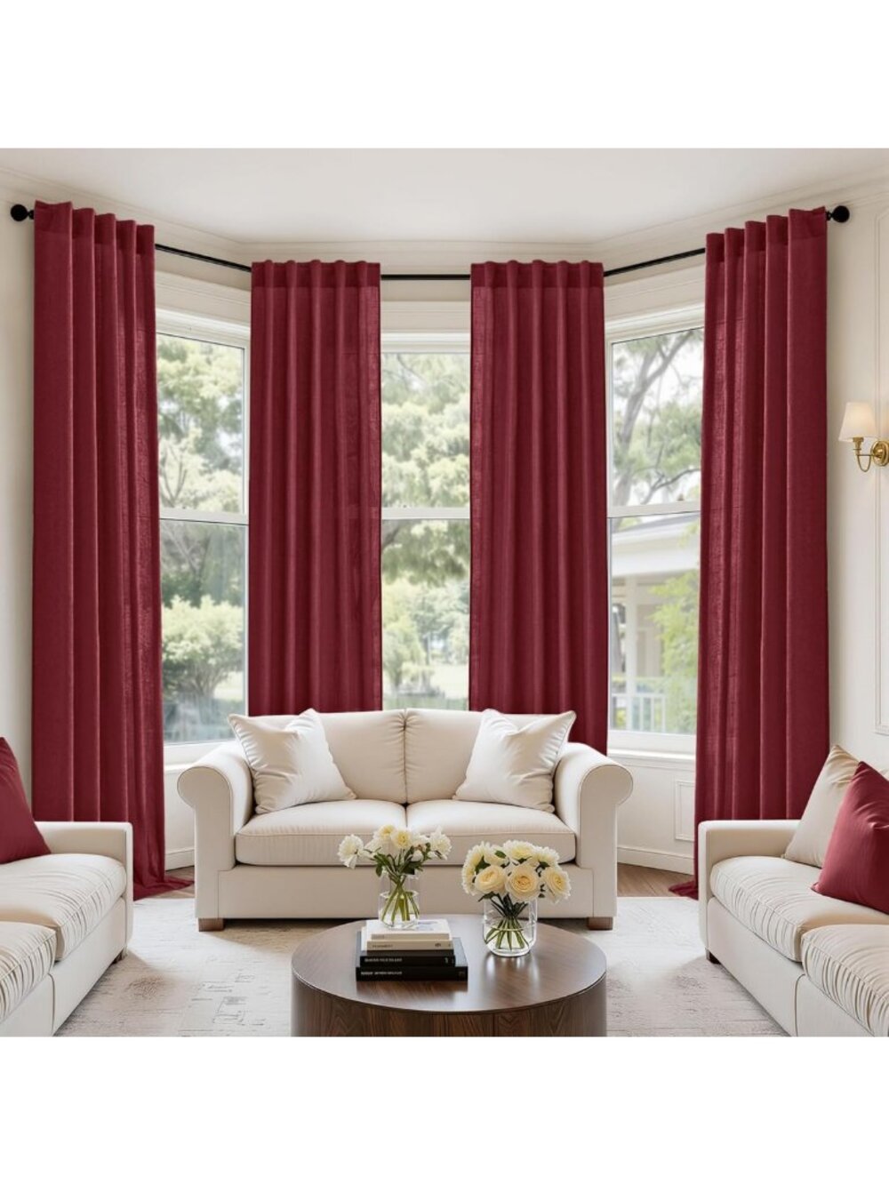 Burgundy Linen Back Tab Curtains - 4 Panels, 42"W x 84"L, Elegant Home Decor
